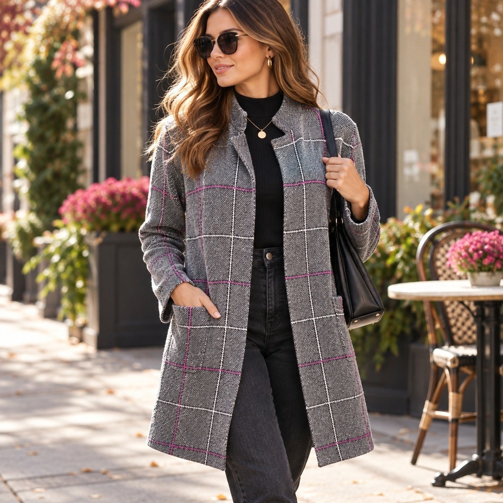 Tahari Women's Small Gray Pink Plaid Open Front Long Cardigan Coatigan